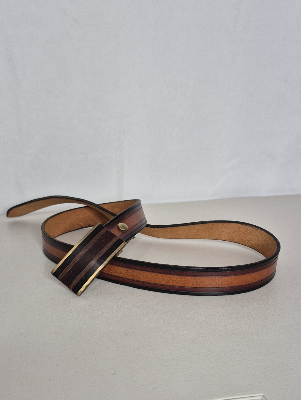 Kenneth Reid Vintage Two-Tone Brown Leather Belt w/ Inlaid Wood & Brass Buckle